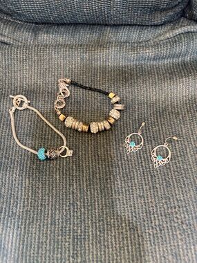 Silver-tone Turquoise Charm Bracelet and Drop Earrings Set
